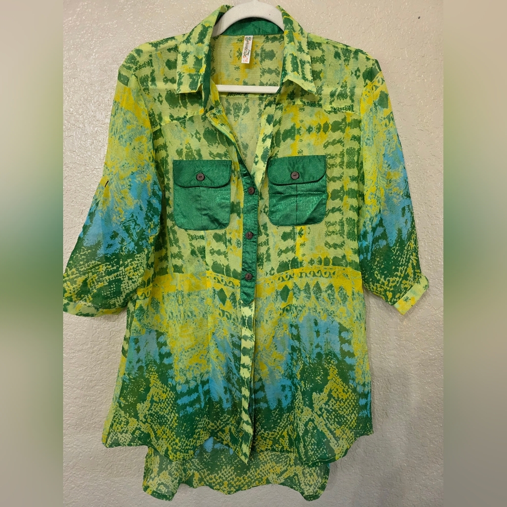 Shoreline Vibrant Green and Yellow Patterned Blouse